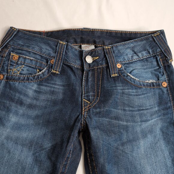 True Religion Y2K Women's Blue Denim Jeans Distressed Bootcut/Stitching, Size 28 - Picture 5 of 11